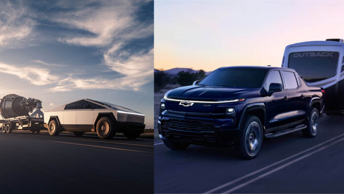 Tesla Cybertruck towing a Starship Raptor engine (left) and Chevy Silverado EV towing a camping trailer (right).