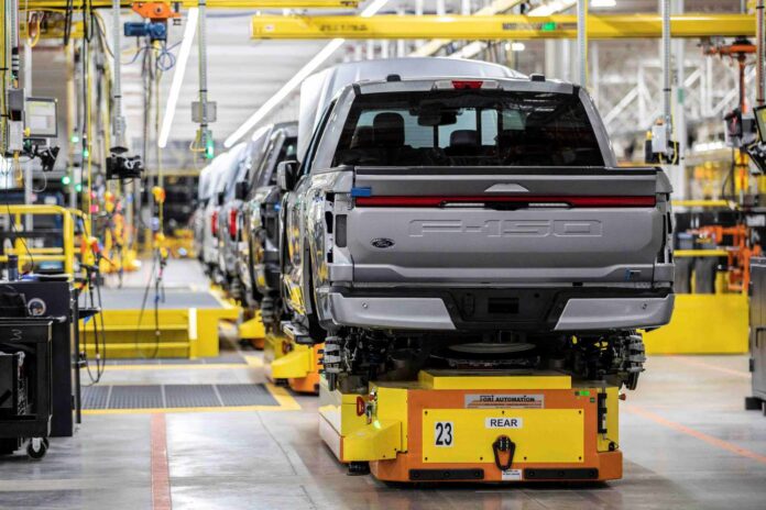 Ford F-150 Lightning Electric Trucks being assembled at the Ford Rouge Electric Vehicle Center in Dearborn, Michigan