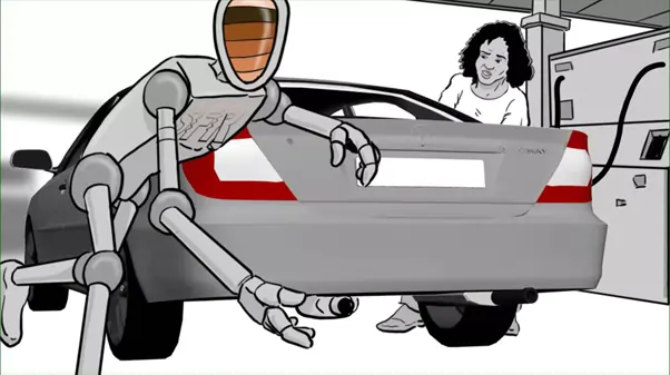 Robot checks car exhaust for emissions compliance.