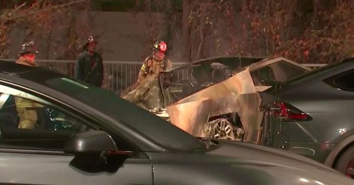 A Tesla Cybertruck burned down at Tesla lot in Atlanta, battery fire suspected