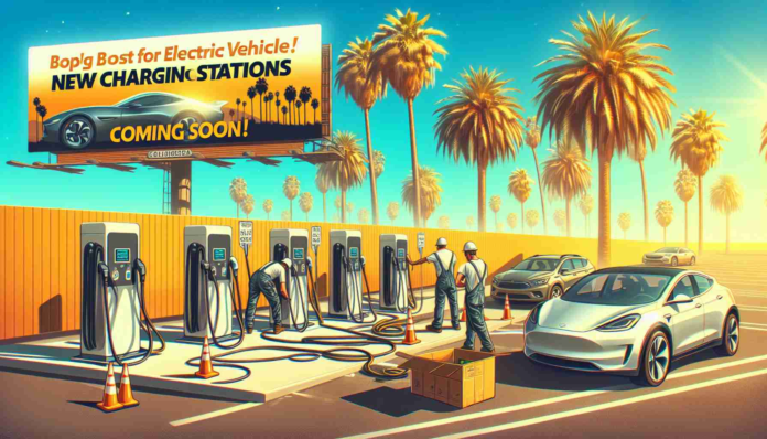 Create an image of the scene in California where new electric vehicle charging stations are being installed. Show contractors busily installing sleek, modern devices in a car park with palm trees in the background, signaling the state