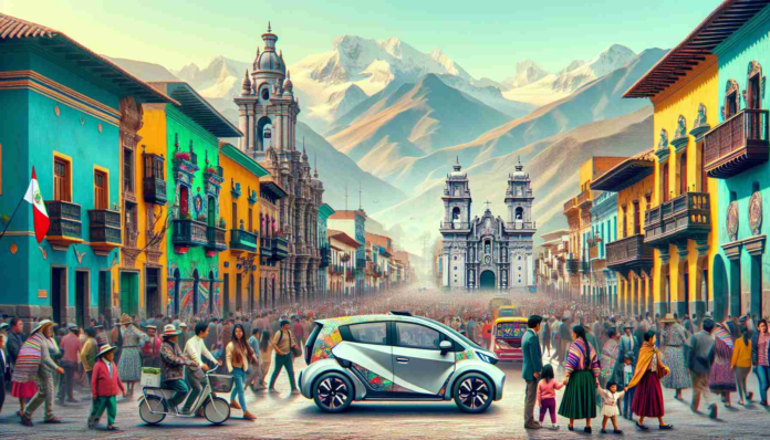 Generate an ultra-high-resolution, hyper-realistic image of a revolution in transportation, showcasing electric vehicles that were originally designed in China, now being used on the busy, colourful and vibrant streets of Peru, South America. Depict a backdrop of iconic Peruvian architecture, mountains, and lush landscapes. Include diverse Peruvian citizens of various descents and genders driving and interacting with these swell of new-age, environment-friendly electric cars.