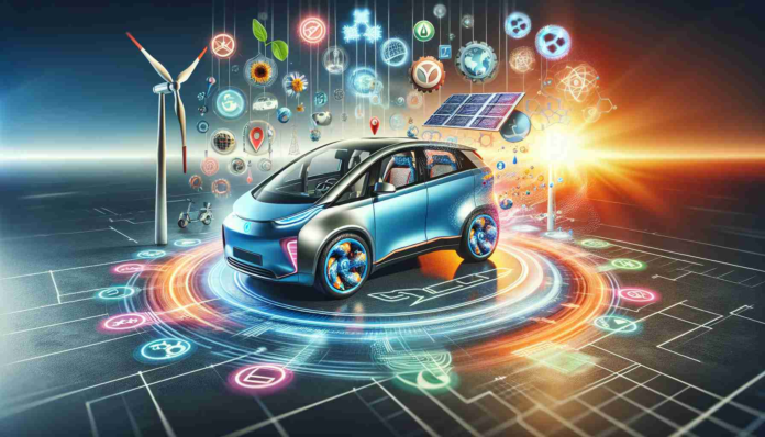 Realistic high-definition illustration showcasing a major technological advancement in electric vehicles. The image could depict an innovative electric car with futuristically efficient designs, vibrantly colored, bearing symbols of sustainability. The backdrop should hint at a revolution, possibly with a creative array of renewable energy symbols like windmills and solar panels. Ideally, the scene should express the excitement and progress associated with this groundbreaking milestone in automotive history.