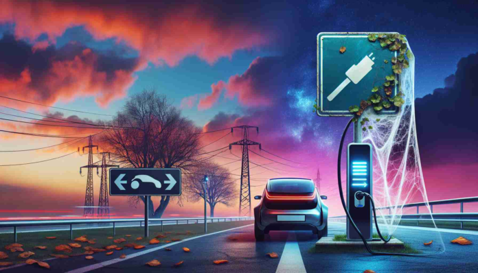 Generate a HD photo visualising the concept of a shift in the era of electric vehicles. Depict a road sign indicating change ahead, a charging station with a cobweb hinting at disuse, an electric vehicle being overtaken by a futuristic transportation device against a twilight sky providing a backdrop for this transition phase.