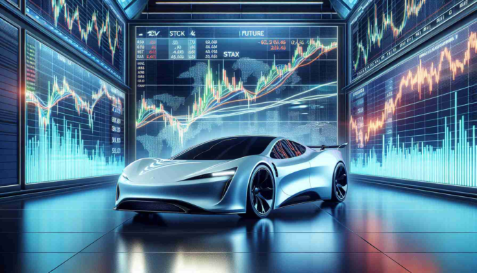 A realistic high definition image representing the concept of investment in the future of electric vehicles. Picture a vibrant stock market scene, with a pristine, sleek generic electric sports car in the foreground, symbolizing innovation and speed. On the background wall, giant monitors display graphs and numbers, suggesting a bullish market trend focused on electric vehicle stocks. Please avoid naming specific car brands.