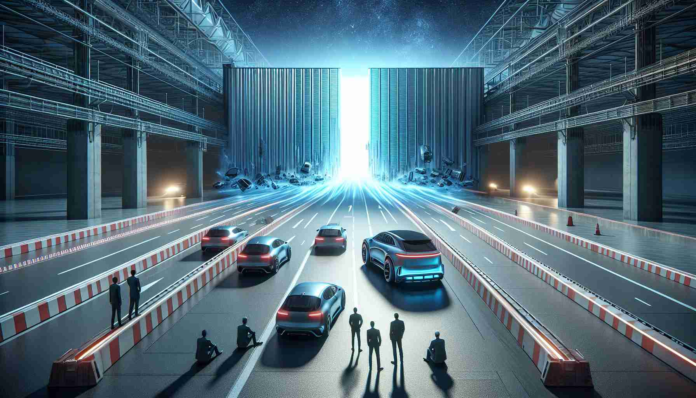 A highly realistic and detailed image that shows, in an abstract manner, the concept of a shocking event impacting the electric car industry. It could be represented by a symbolically large barrier appearing on a smoothly running track for electric cars. The atmosphere should convey a sense of alarm and consternation. In one corner, portray a group of individuals illustrating the diversity of industry leaders, showing their taken aback expressions. Please avoid representing any real individuals or specific corporate logos. The setting should be futuristic and technological, reflecting the advanced nature of the electric car industry.