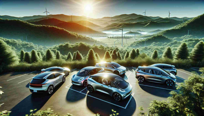 High-definition realistic image of electric vehicles awaiting exciting transformations within the Cherokee Nation. Capture a variety of models parked under the bright sun. One could almost hear the silent hum of their engines and glimpse the futuristic digital control panels through their clear windows. The backdrop should encompass a breathtaking environment of the Cherokee Nation, showcasing it’s vibrant lush green nature, rolling hills, and clear skies, thereby creating an impeccable harmony between nature and technology.