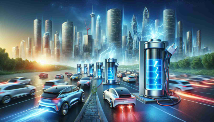 Imaginary detailed, high-definition artistic depiction showcasing the emergence of the electric vehicle industry. Illustrate a dynamic scene where electric vehicle charging stations are scattered across a futuristic cityscape with gleaming skyscrapers. Show a variety of electric cars of different models and designs, either charging or whizzing past. Depict an oversize battery with bolts of electricity to symbolize the booming EV battery market. Keep the overall tone positive and hopeful, highlighting the sustainable future of transportation.