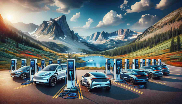 Create a visual representation of the future of travel in Colorado featuring a network of high-speed electric vehicle charging stations across the state. Showcases a variety of electric vehicles plugged into these fast charging stations, amongst the scenic background of Colorado’s varied landscapes, from towering mountains to lush green fields. The image should reflect a blend of both technology revolutionizing transportation and the natural environment, portraying an image of sustainable future travel. Include some state-of-the-art, sleek-designed electric vehicles at various stages of docked and undocked, charging or ready for the next journey.