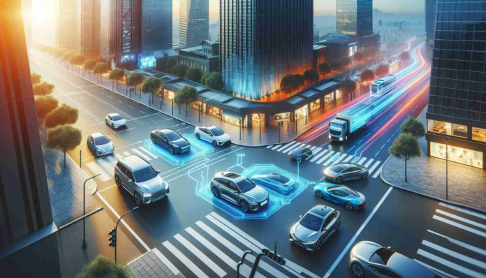 Create a detailed and realistic high-definition image featuring an intersection where different types of electric vehicles like sedans, hatchbacks, and SUVs are present. The scene should capture a moment of suspense, as if something significant will happen next. The vehicles and the surroundings should depict technology, sustainability, and the future of automotive industry.