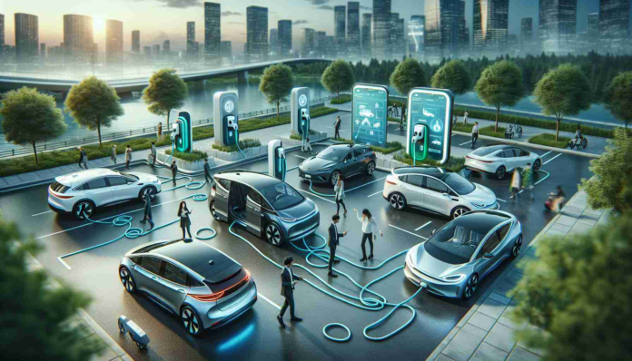 A realistic HD image showcasing the concept of electric car sharing as the future of sustainable mobility. The image should include an array of modern electric vehicles, possibly with visible plug-in charging stations, situated in urban surroundings that exemplify green living. The scenery illustrates the rise of eco-conscious alternatives in a world increasingly advocating for environmentally-friendly methods of transport. Also, incorporate elements that highlight car sharing, such as a variety of individuals, from different descents and genders, taking turns using the same vehicle, or a digital app interface demonstrating a car sharing system.