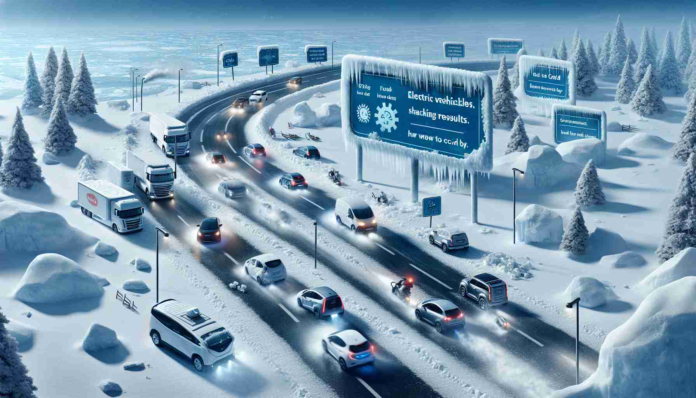 Visualize an icy, snow-swept landscape with a variety of electric vehicles navigating through it. Cars and trucks are seen in the midst of battling harsh temperatures. Some vehicles are performing well, efficiently moving through the snow, while others are seen to struggle, their lights flickering in the cold. Beside the road are a series of signboards, each displaying facts and shocking results of how electric vehicles perform in cold weather. The images should be captured in high definition for a realistic look.