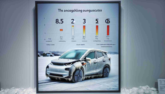 An HD photograph illustrating the astonishing outcomes of a cold weather test on an electric vehicle. The picture captures the vehicle in frozen conditions with ice and snow around. The test results are displayed on a clear chart next to it, highlighting the efficiency and performance of the vehicle in such severe climate. Viewer discretion is advised as the results are compelling and unpredictable.