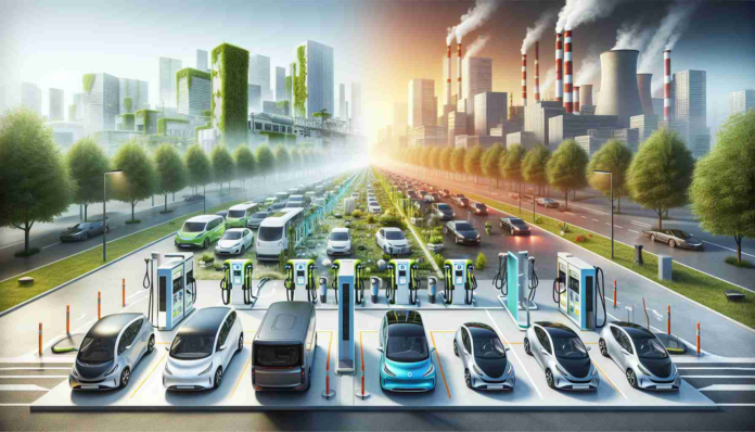 High definition, realism-inspired image of the concept depicting the future of sustainable mobility through electric vehicle-sharing services. Contrasting areas of the picture illustrate both benefits and challenges of such innovation. On one side, clean, efficient electric cars neatly arranged in a sharing station, indicating their ease of access, reduced pollution, and contribution to green urban lifestyle. On the other side, complexities like charging infrastructure, energy supply and general maintenance depicted as hurdles on the path of this forward-thinking solution.