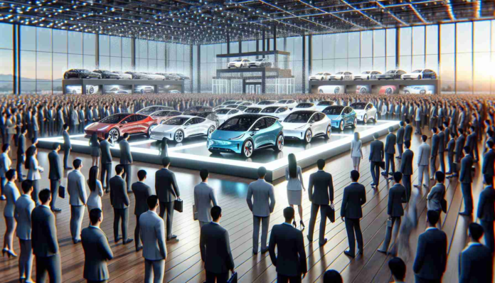 A high-resolution realistic image displaying a surge in electric vehicle sales. Show an abstract interpretation of the Chinese market with an implied leader signified by a large, brightly lit, modern electric car showroom filled with an array of sleek and environmentally friendly electric cars. Please include a diverse crowd of interested buyers including Caucasian, Middle-Eastern, Black, South Asian, Hispanic, and White customers, both male and female, looking at the electric cars with excitement and curiosity. The scene should evoke feelings of progress, sustainability, and competitive spirit.