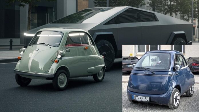 Microlino vs. Cybertruck partially rendered by Gemini