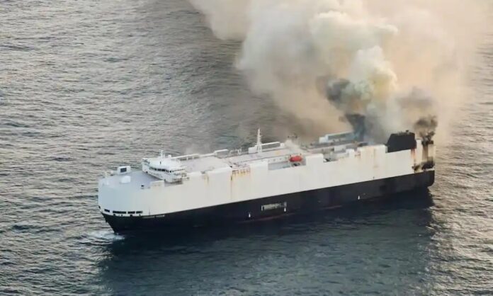 Cargo ship from China to Mexico carrying 3,000 cars, including 800 EVs, ablaze — crew rescued